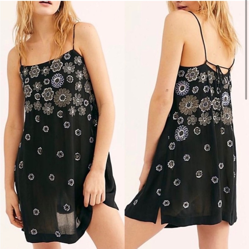 Free people black slip dress with embroidery